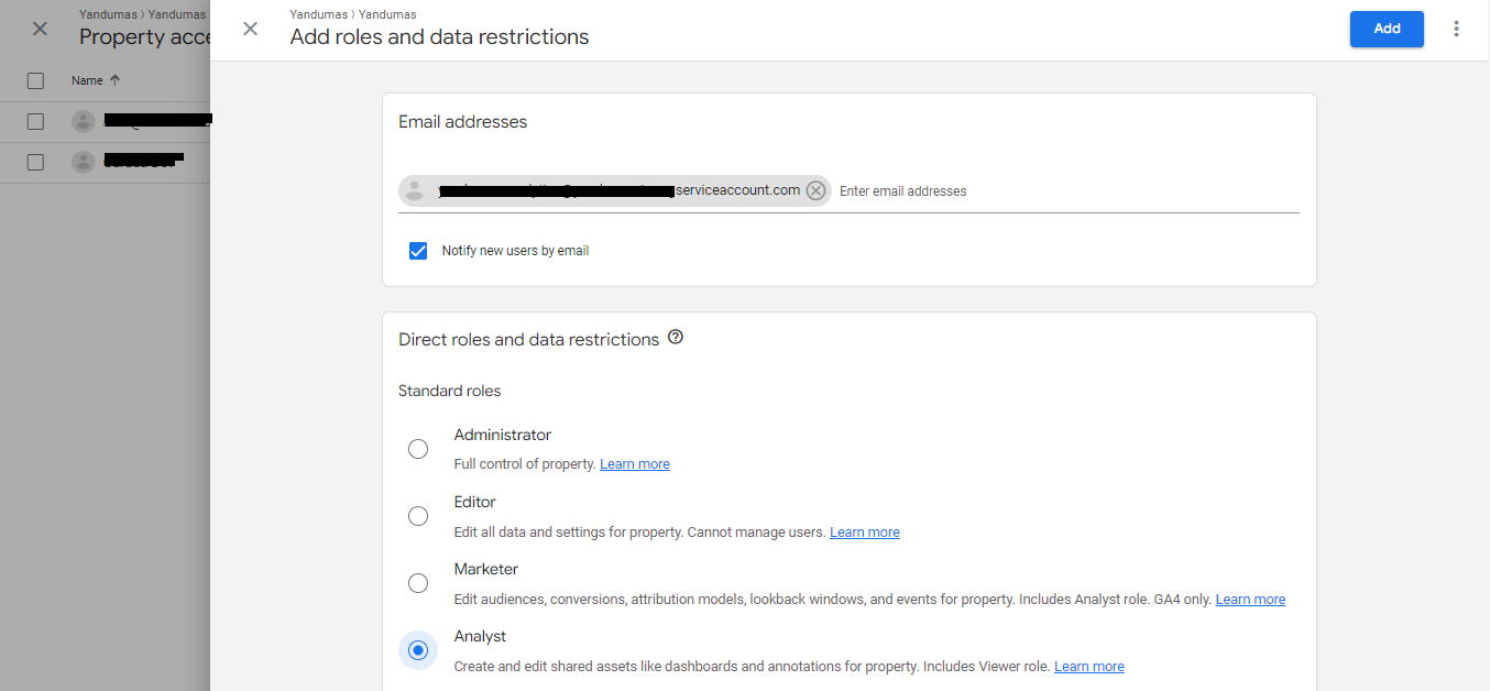 add analyst user to your Analytics property